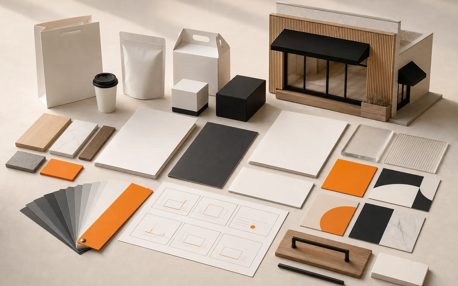 Brand-neutral identity, campaign and storefront materials arranged as one system