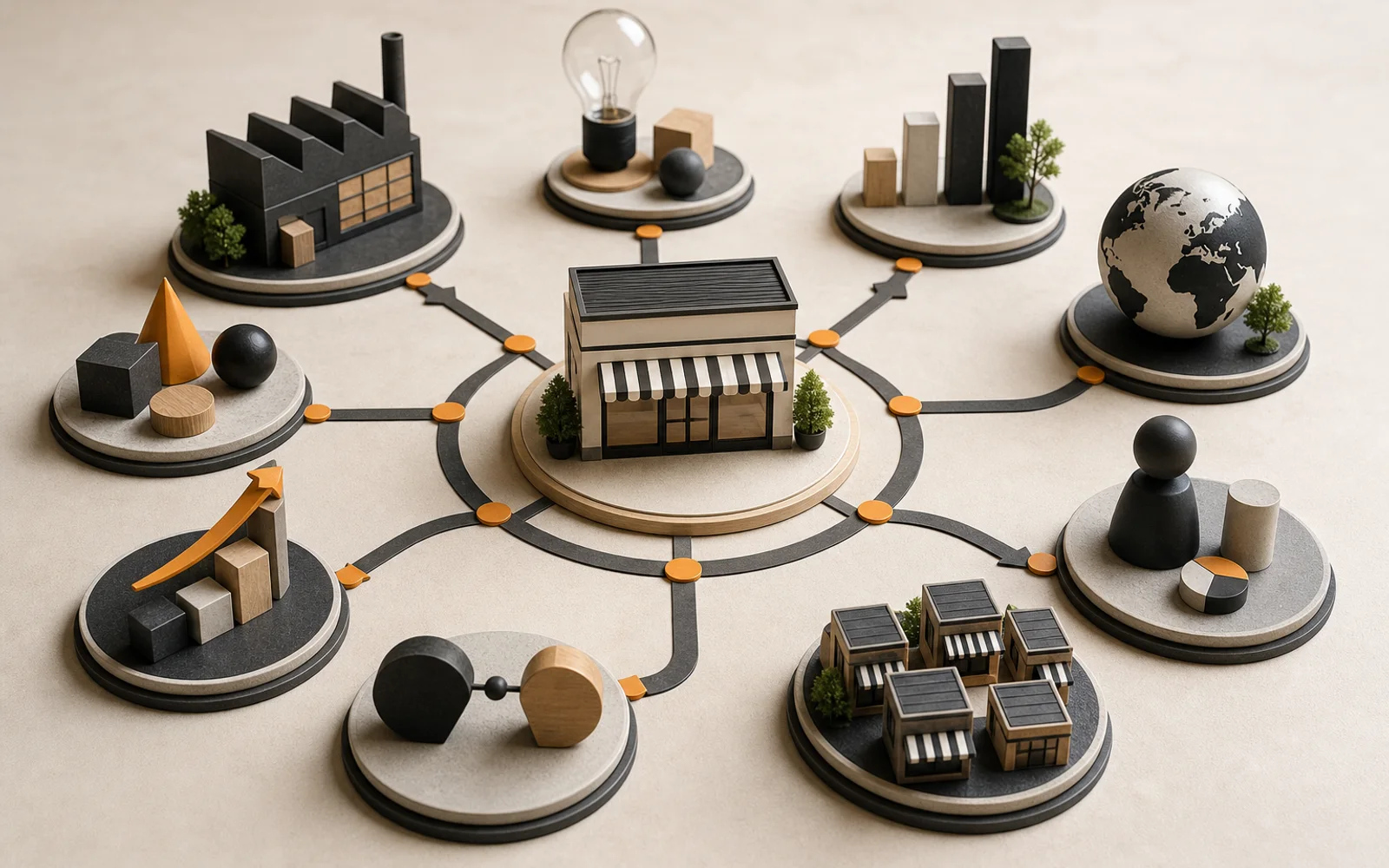 Eight distinct client pathways connected to one structured franchise system